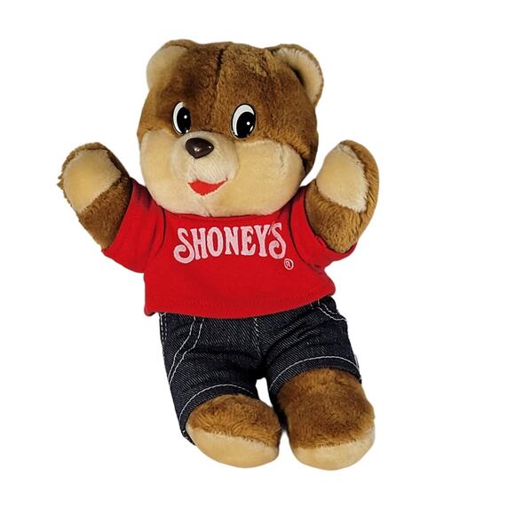 Vintage 1986 Shoney's Bear Plush 12" Stuffed Animal Red Shirt and Jeans Stuffie - Picture 1 of 11